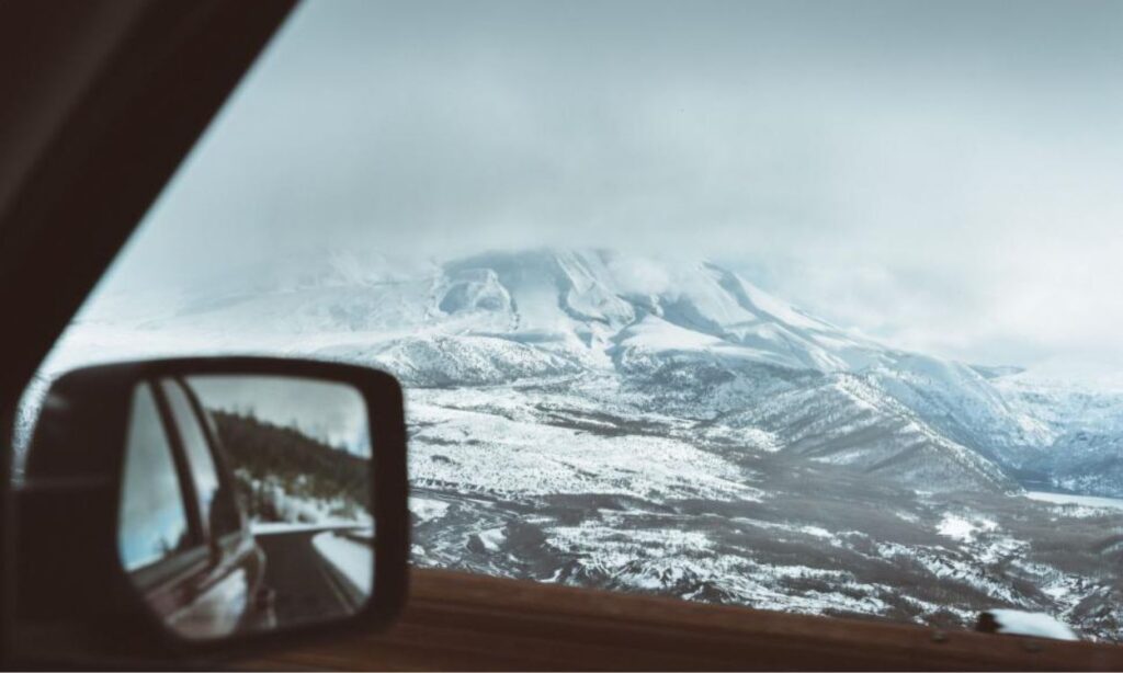 mountains inside car view