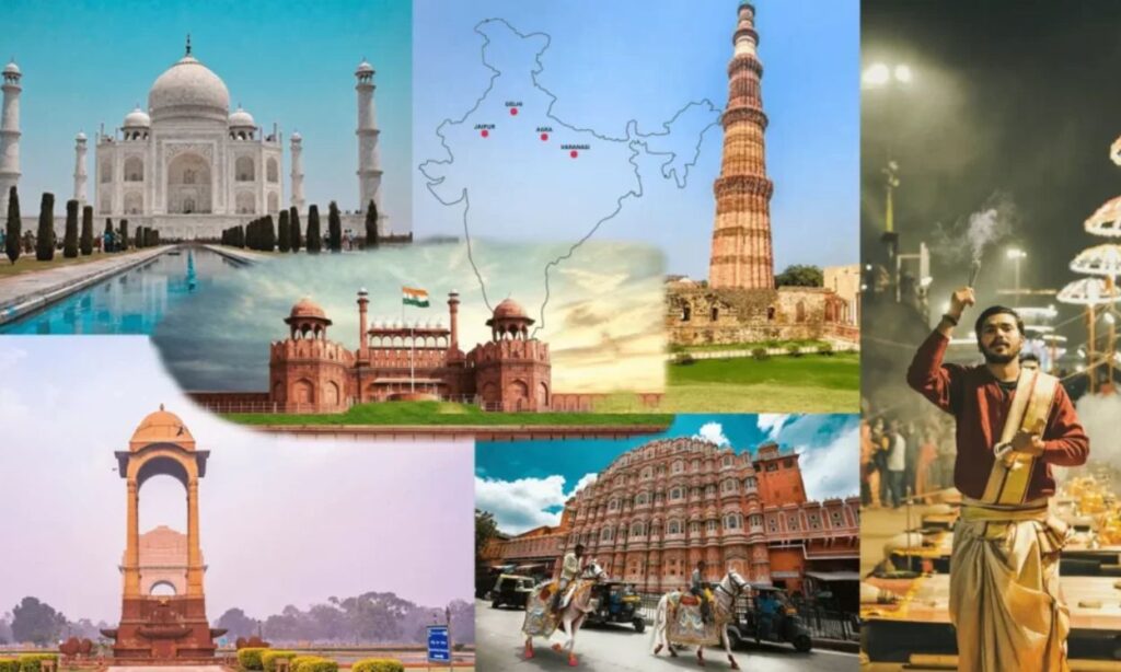 Golden Triangle Tour showcasing India Gate in Delhi, Taj Mahal in Agra, and Hawa Mahal in Jaipur